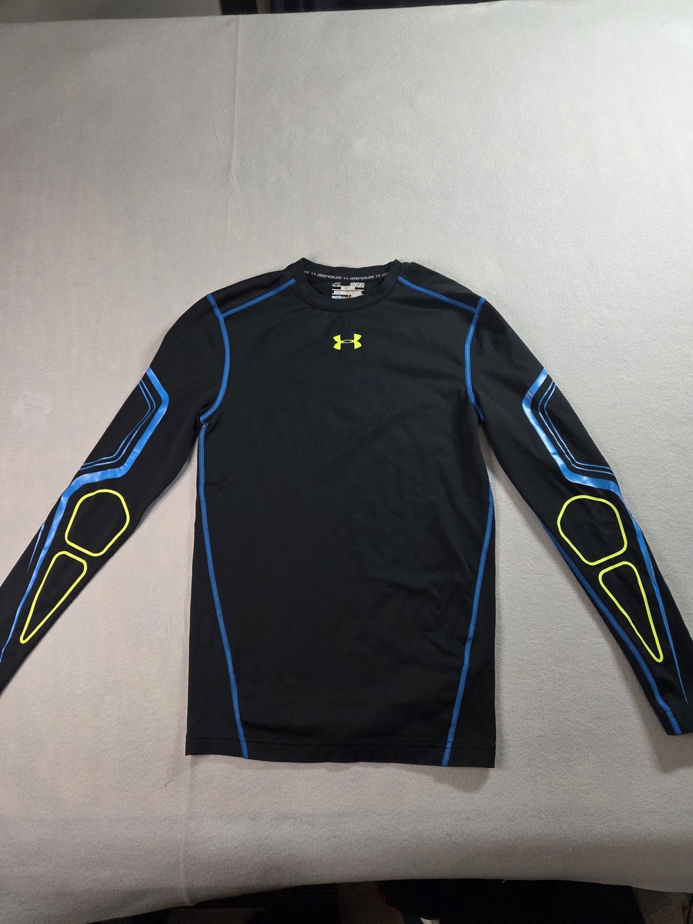 Under Armour Men's Black Compression Long Sleeve Shirt with Blue & Neon Accents